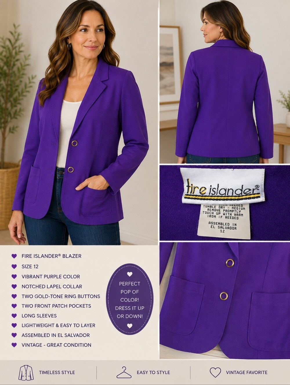 Islander Size 12 - Purple Ring-Button Notched Lapel Blazer